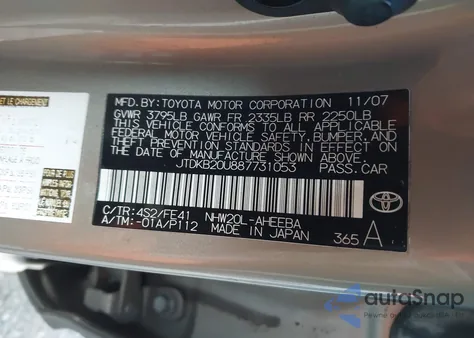 2008 Toyota Prius from USA, damaged, VIN JTDKB20U887731053